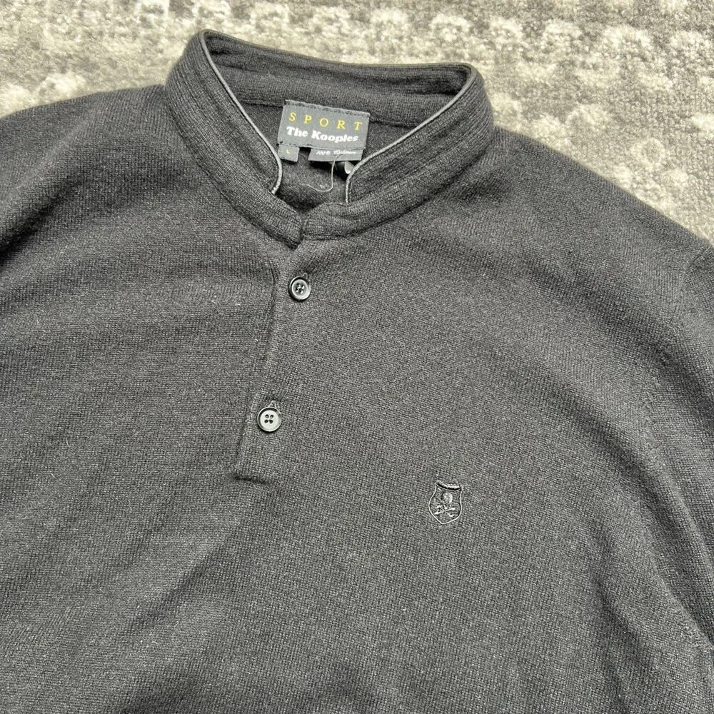 The Kooples Sports Cashmere Henley Sweater Mens Large Black Golf Logo Buttons